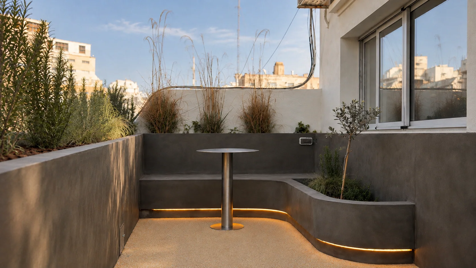 Terrace with greenery and steel table